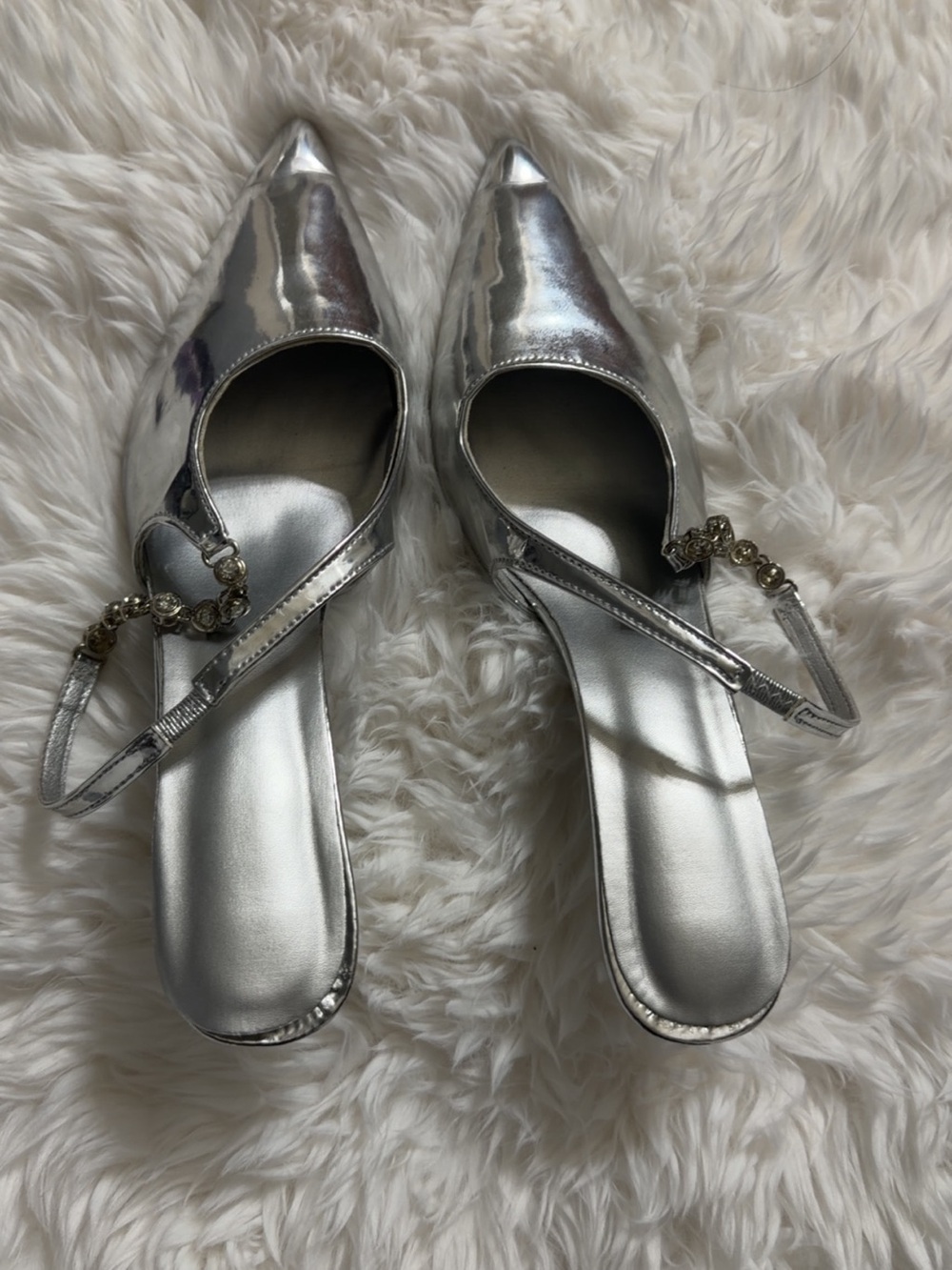 Silver Pointed-Toe Slingback Flats with Decorative Chain